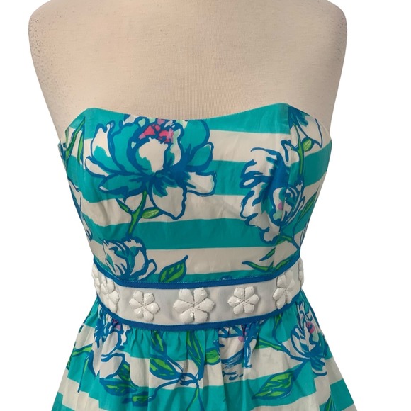 Lilly Pulitzer Strapless Langley Dress Shorely Blue Tossing The Line Floral Sz 0 - Picture 3 of 13